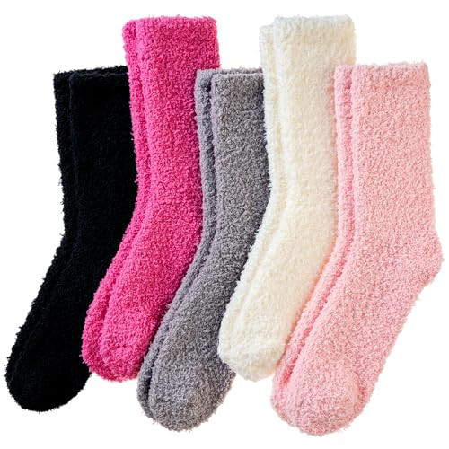 Eyean Womens Fuzzy Fluffy Slipper Socks Warm Winter Soft Thermal Plush Casual Sleep Cozy Home Socks (5 Pairs Pink Black) | Amazon (US)