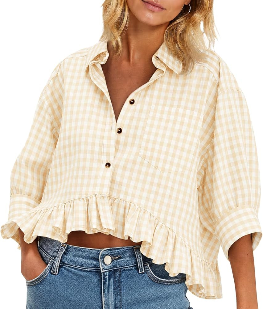 Cicy Bell Womens Cropped Striped Button Down Shirts Ruffle 3/4 Length Sleeve Summer Tops Dressy C... | Amazon (US)