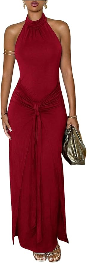 Milumia Women's Tie Knot Bodycon Halter Dress Sleeveless Backless Long Dresses Cocktail | Amazon (US)