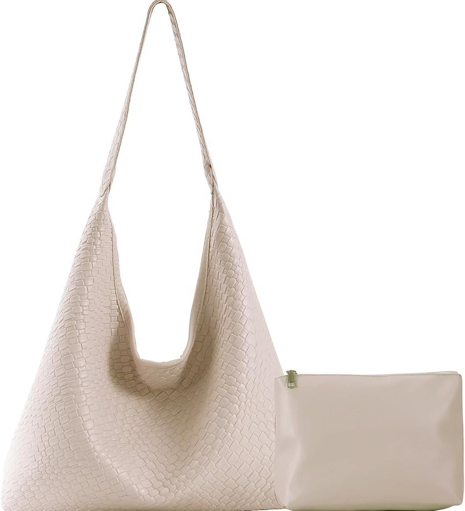 Woven Leather Shoulder Bag for Women, Woven Soft Vegan Leather Tote Bag, Purses for Women | Amazon (US)