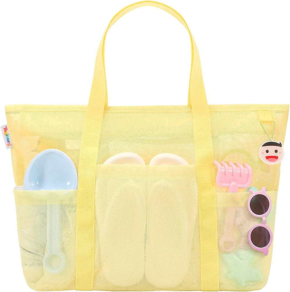 Tagitary Beach Toys Mesh Beach Bag with Zipper and 8 Pockets, Yellow Large Beach Tote Waterproof ... | Amazon (US)