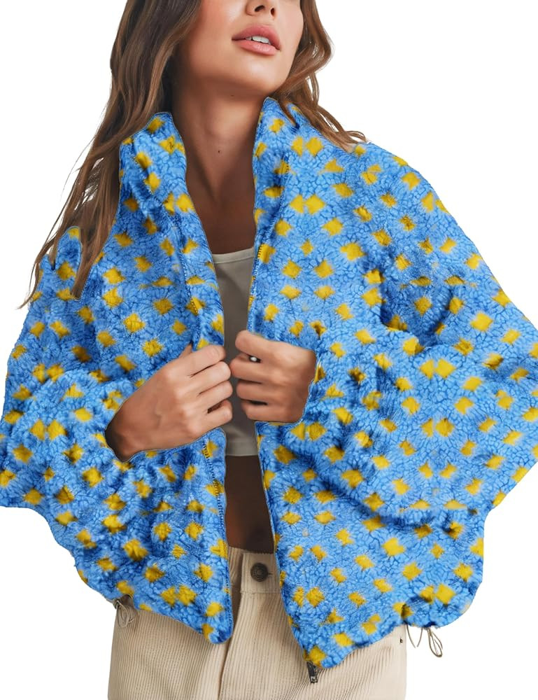 Esmeling Women’s Long Sleeve Cropped Sherpa Fleece Plaid Jacket Casual Chunky Teddy Fleece Oute... | Amazon (US)