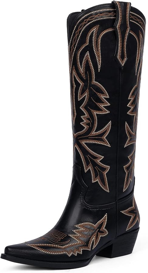 Cowboy Boots for Women Knee High Embroidered Pull on Cowgirl Boots Pointed Toe Chunky Low Heel Wi... | Amazon (US)
