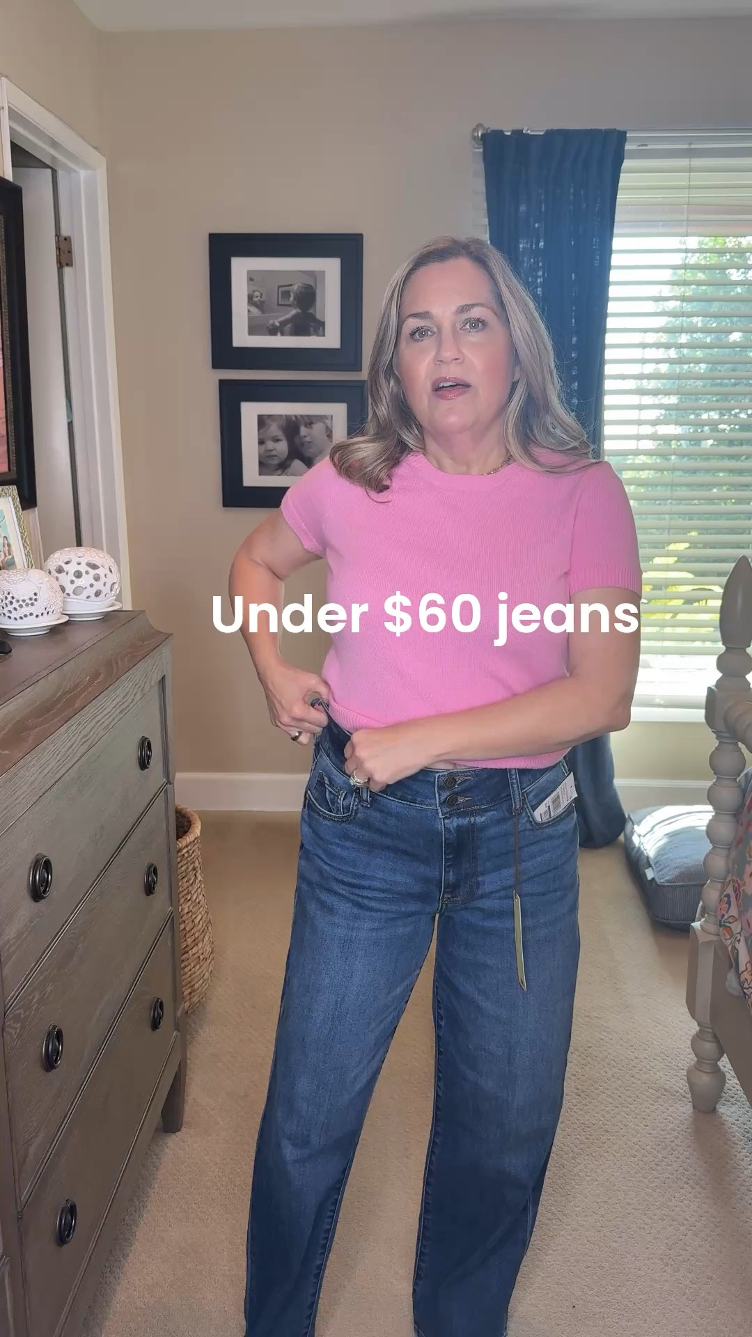 Tummy flattering jeans under $60. This pair is a medium dark denim with a finished bottom edge for a dressier look and a double button on the wonderfully comfortable waistline. ￼