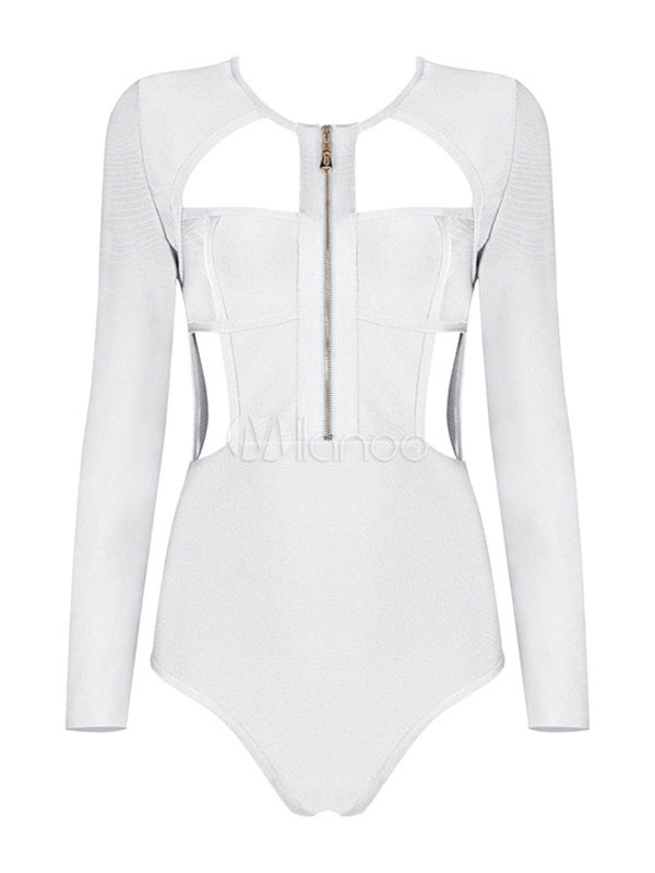 Women's White Bodysuit Cut Out Long Sleeve Zipper Sexy Top | Milanoo