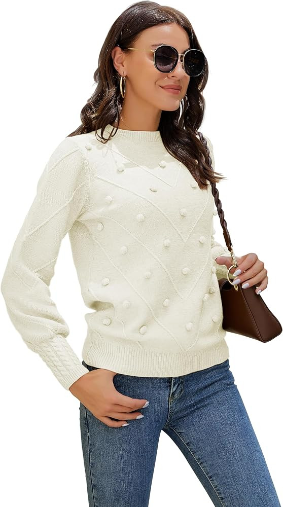 HOCOSIT Women's Lantern Sleeve Crewneck Oversized Pullover Sweater Elegant Knit Warm Jumper Top 2... | Amazon (US)