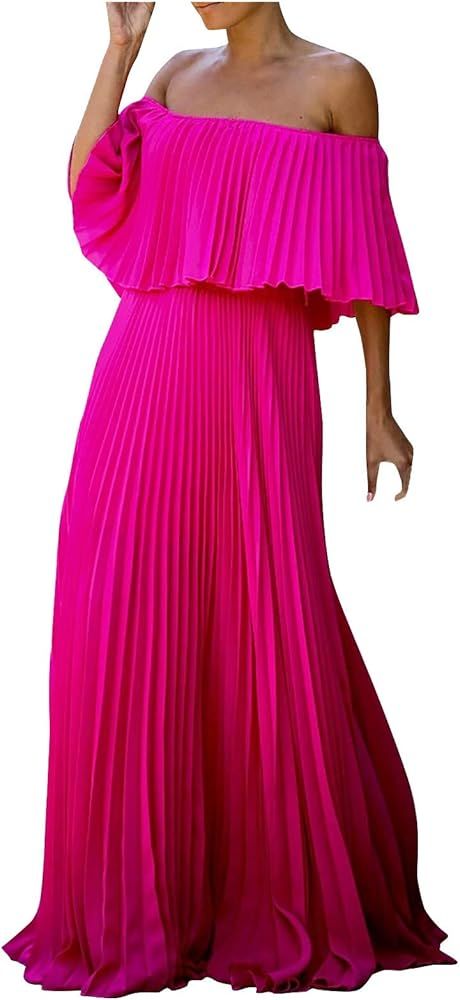 AFGHJ Womens Off Shoulder Pleated Dress Summer Casual Solid Color Long Ruffle Beach Maxi Dress | Amazon (US)