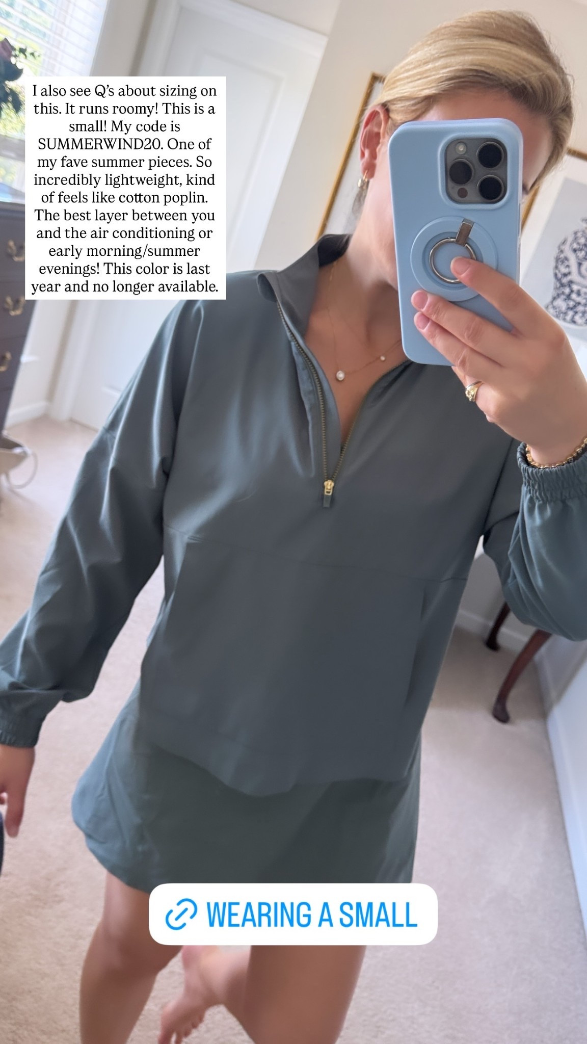 I also see Q’s about sizing on this. It runs roomy! This is a small! My code is SUMMERWIND20. One of my fave summer pieces. So incredibly lightweight, kind of feels like cotton poplin. The best layer between you and the air conditioning or early morning/summer evenings! This color is last year and no longer available.