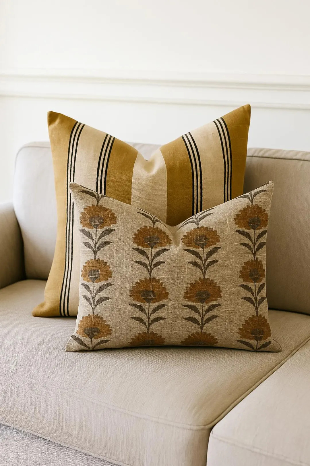 Marigold Floral Block Print Pillow Cover: Mustard Stripe Linen, Vintage Farmhouse Cushion - Etsy | Etsy (US)