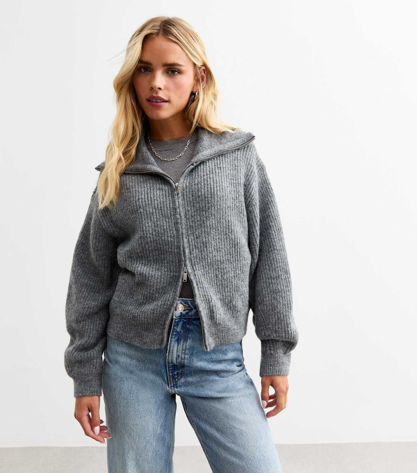 Petite Grey High Neck Two Way Zip Knitted Cardigan | New Look | New Look (UK)