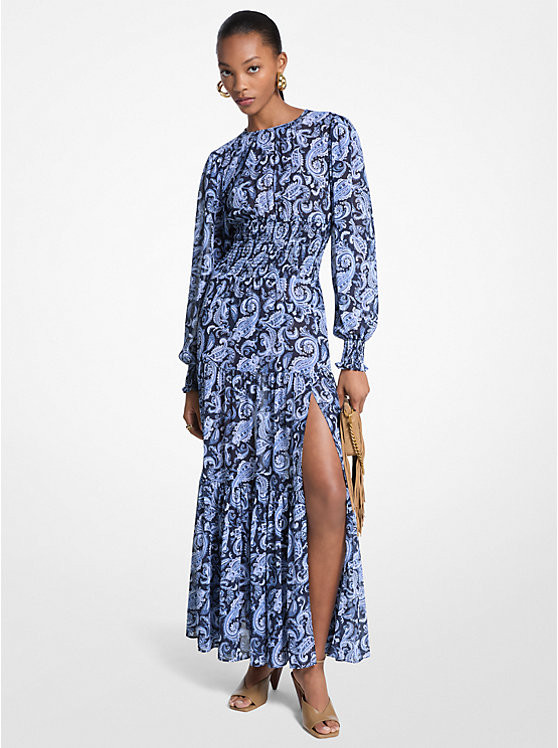 Paisley Print Smocked Georgette Maxi Dress | Michael Kors US