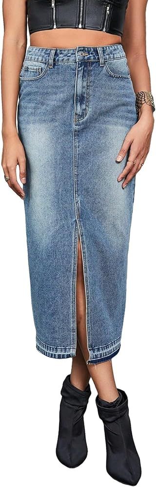 Women's High Waist Split Thigh Zipper Up Asymmetrical Midi Denim Skirt with Pocket | Amazon (US)
