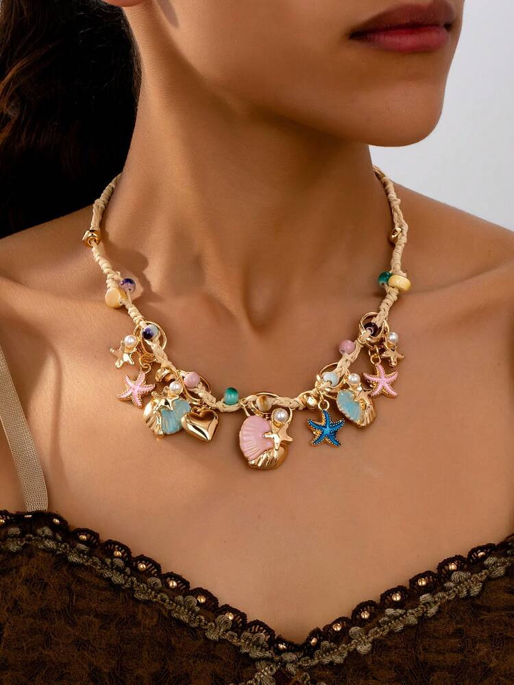1 Pc Boho Sea Life Inspired Colorful Starfish & Shell Beaded Necklace With Faux Pearl, Suitable For Women Daily, Resort, Beach Party | SHEIN