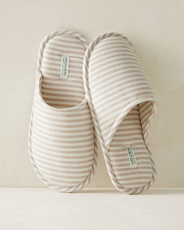 Linen Tan Stripe Spa Slippers | Haven Well Within
