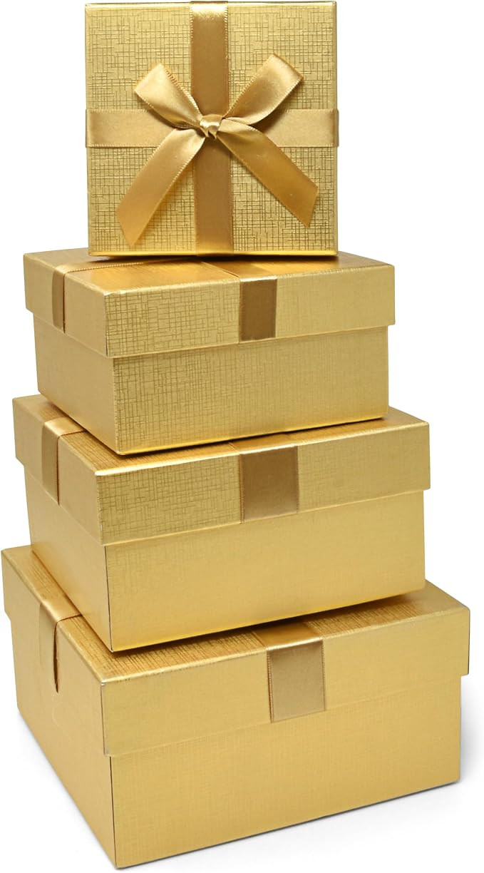 Set Of 4 Gold Square Gift Boxes with Ribbon Bow Assorted Sizes Nesting Christmas Box Durable Card... | Amazon (US)