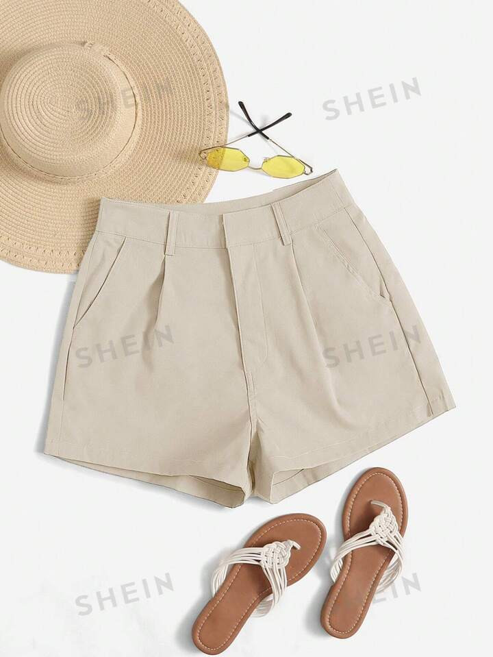 SHEIN Essnce Solid Color Pleated Minimalist Pocket Shorts, Casual Daily Wear | SHEIN