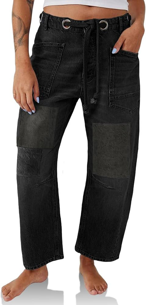 PLNOTME Womens Baggy Barrel Horseshoe Jeans Wide Leg Patchwork Low Rise Denim Pants with Pockets | Amazon (US)