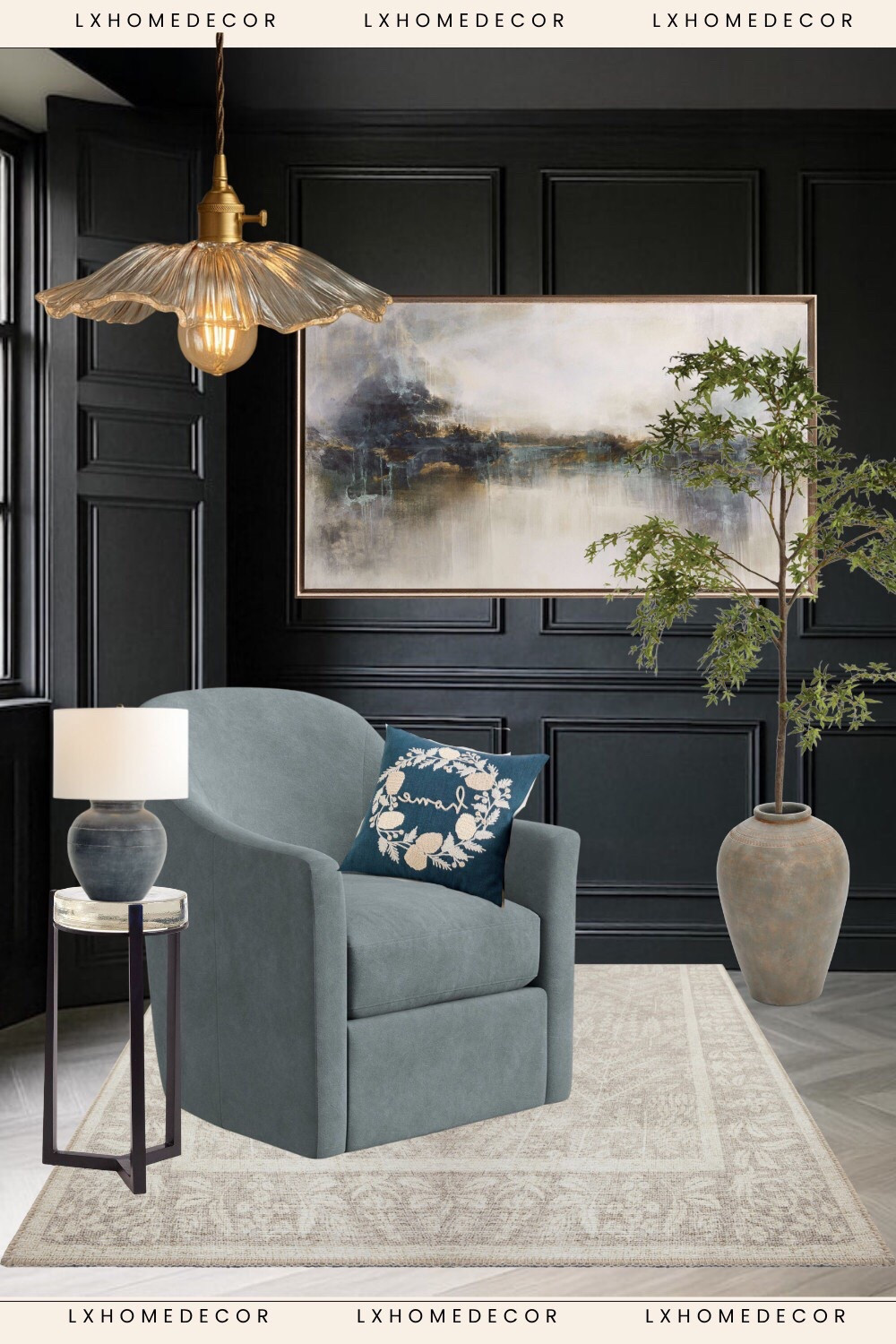 MOODY & CHIC VIBES! 

Can we talk about this color combo?! The black paneled walls are SO dramatic and cool, and that dusty blue chair just pops against it! This whole look is perfect for a cozy reading nook or a fancy corner in your living room. It feels rich, comfy, and totally luxe. ✨

I linked all the pieces from the gorgeous lamp and side table to the stunning art so you can copy this moody moment at home! Which item is your favorite? Tell me below! 👇

#LTKFinds, #LTKStyleTip, moody decor, dark walls, accent chair, reading nook, black walls, chic home, modern traditional, luxe living,

#LTKFindsUnder100 #LTKHome #LTKFindsUnder50