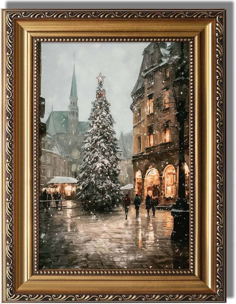 KBKBART Framed Canvas Wall Art Vintage Christmas Tree Artwork Painting Moody Snow Winter Picture ... | Amazon (US)
