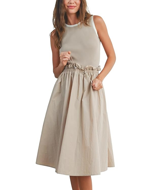 Hongsui Women's Contrast Tank Dress Casual Summer Ruffled Midi Dress with Pockets | Amazon (US)