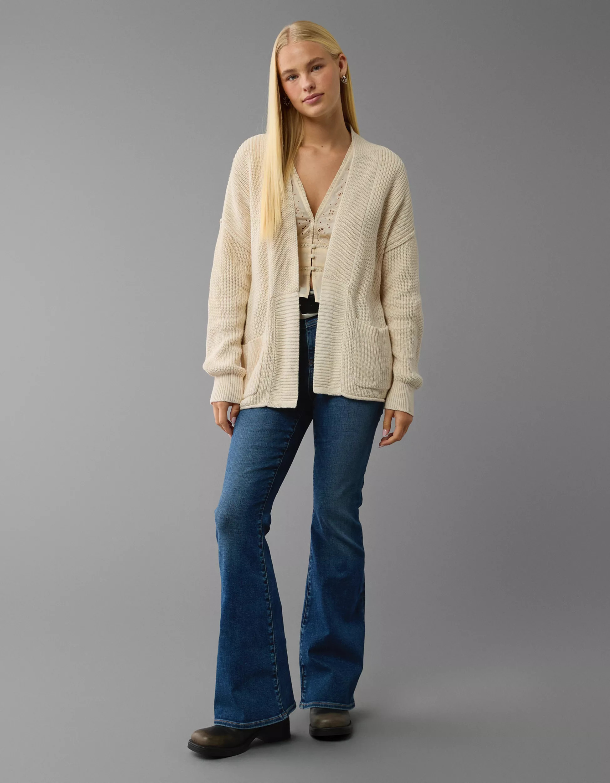 AE Open Front Shaker-Stitch Cardigan | American Eagle Outfitters (US & CA)
