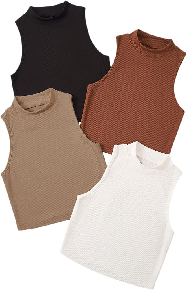 SheIn Women's 4 Pieces Sleeveless Mock Neck Crop Tank Top Basic Ribbed Knit Crop Top | Amazon (US)