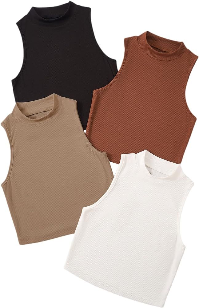 SheIn Women's 4 Piece Mock Neck Crop Top Basic Sleeveless Ribbed Knit Cami Crop Tank Tops | Amazon (US)