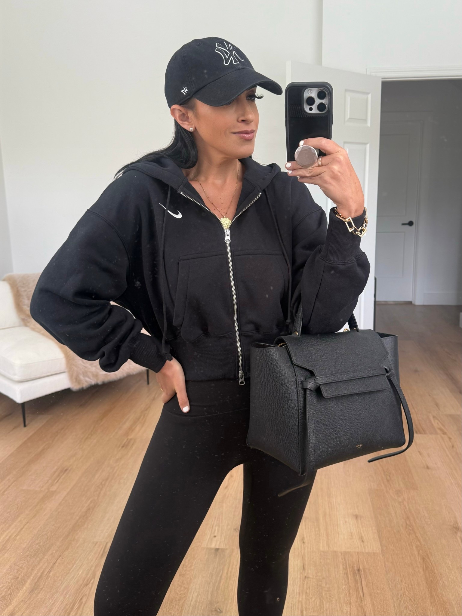 Nike Sportswear Phoenix Fleece Loose Full-Zip Cropped Hoodie, wearing size small.Spanx Booty Boost leggings. Nike 270s sneakers