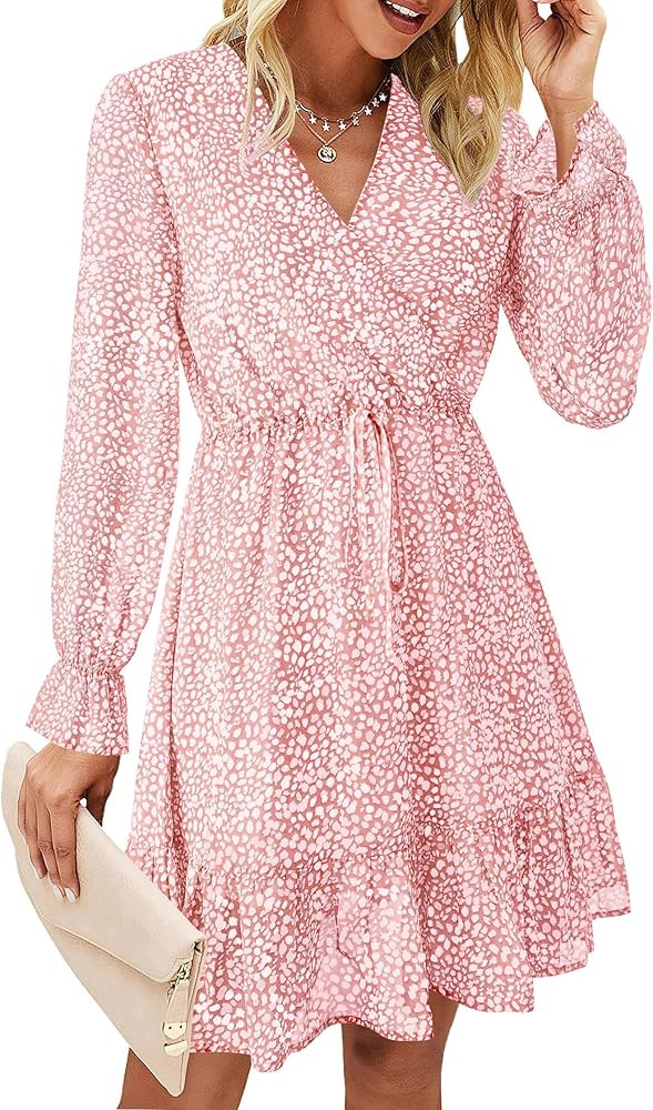 KIRUNDO Women Casual Summer Fall Dresses Long Sleeve Floral Wrap V Neck High Waist Ruffle Tiered ... | Amazon (US)