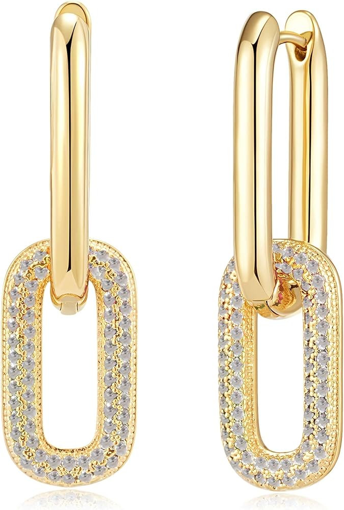 Austrian Crystals Paperclip Drop Earrings for Women 14K Gold Plated Double Huggie Dangle Earrings... | Amazon (US)