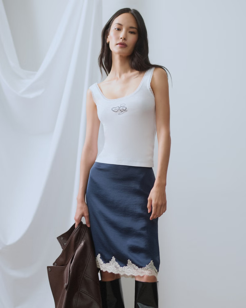 Abercrombie & Fitch Women's High Rise Satin Lace-Hem Midi Skirt in Dark Indigo - Size S | Abercrombie & Fitch (US)