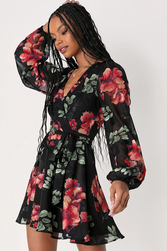 Easy Perfection Black Floral Jacquard Balloon Sleeve Mini Dress | Lulus (US)