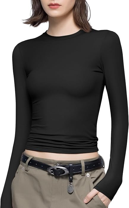 PUMIEY Women's Long Sleeve T Shirts Crew Neck Slim Fit Tops Sexy Basic Tee Smoke Cloud Pro Collection | Amazon (US)