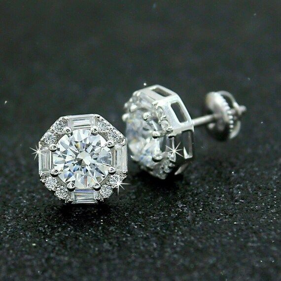 14K Solid White Gold Round and Baguette Cut Moissanite Diamond Earrings/ 925 Sterling Silver Enga... | Etsy (US)