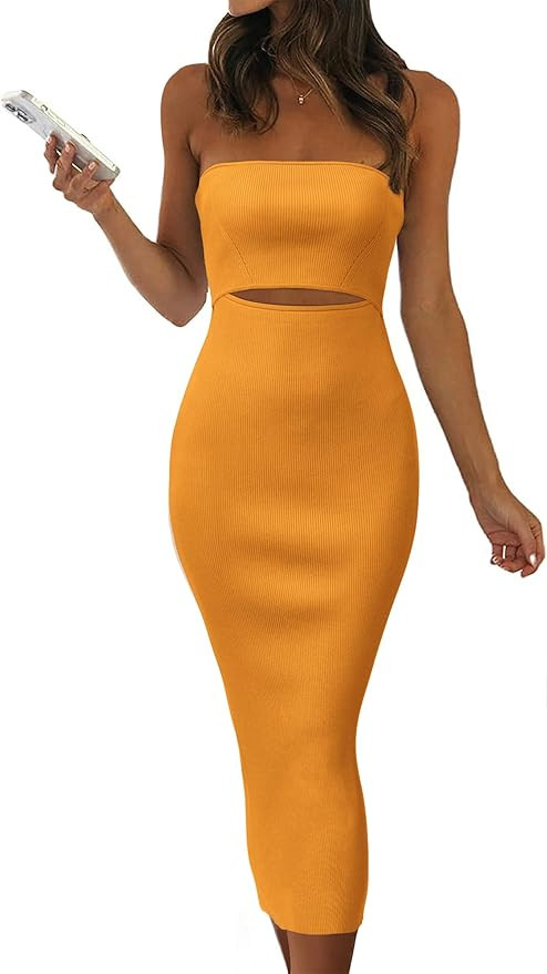 PRETTYGARDEN Women's Summer Midi Bodycon Dress Strapless Cut Out Knit Tube Long Fitted Dresses | Amazon (US)