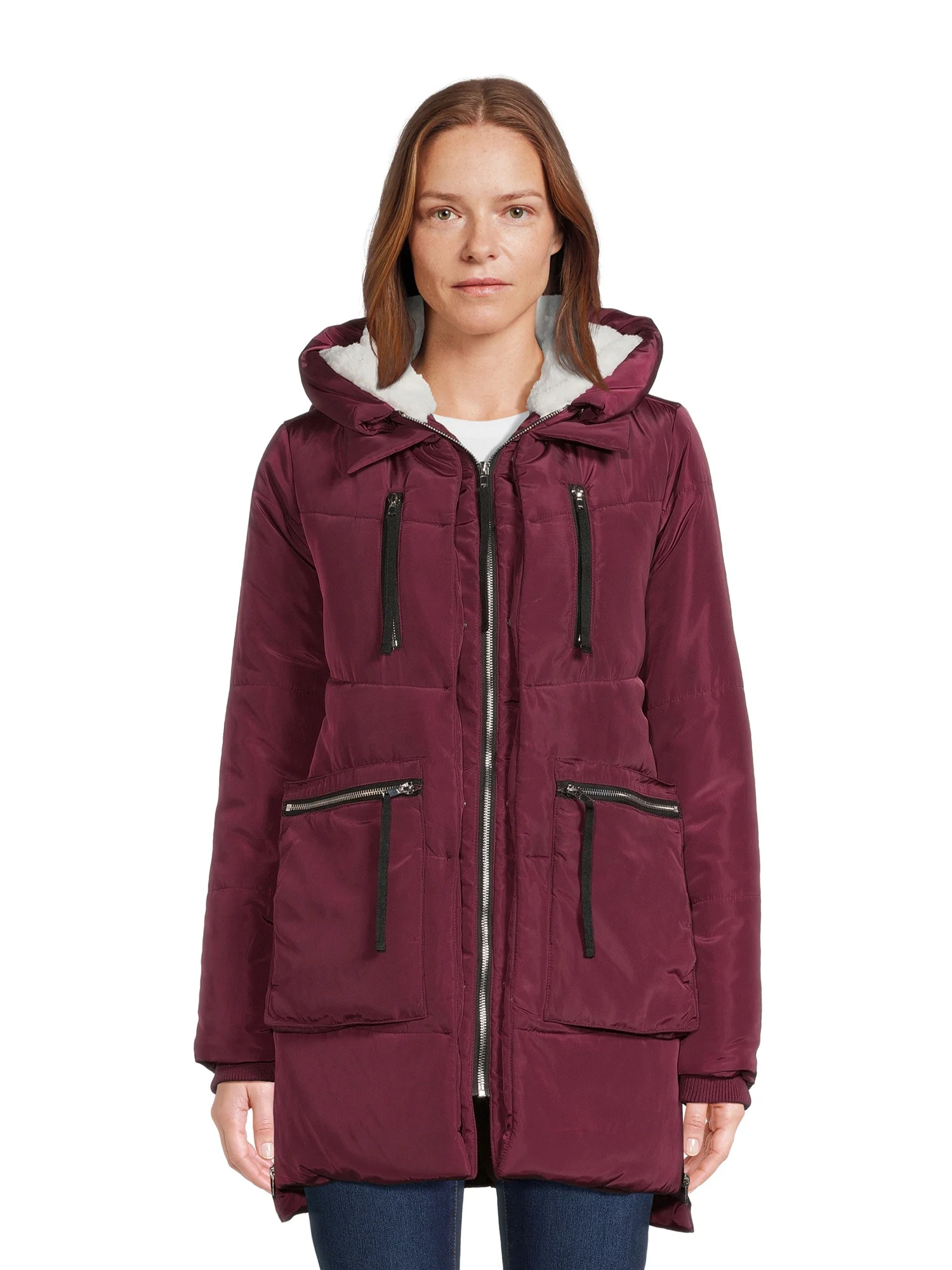 Jason Maxwell Women's Puffer Coat with Faux Shearling Lined Hood, Sizes S-XL | Walmart (US)