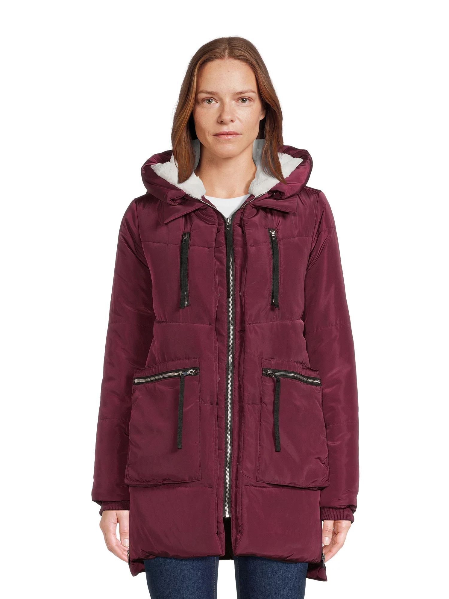 Jason Maxwell Women's Puffer Coat with Faux Shearling Lined Hood, Sizes S-XL | Walmart (US)