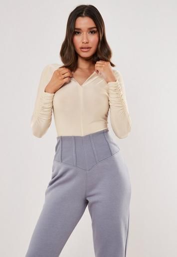 Sand Slinky Ruched High Neck Zip Bodysuit | Missguided (UK & IE)