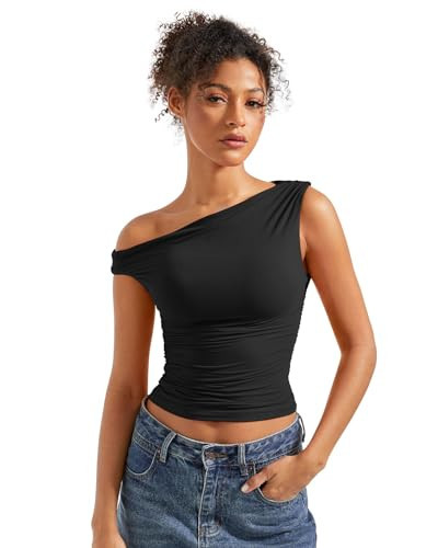 SUUKSESS Women Off Shoulder Tops Sleeveless Shirts Y2K Trendy Going Out Crop Tank Top (Black,M) | Amazon (US)