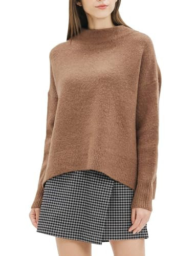Cable Stitch Women's Mock Neck Cozy Sweater - Oversized Soft Long Sleeve Drop Shoulder High Low Hem Slouchy Pullover Top (X-Small, Caramel) | Amazon (US)