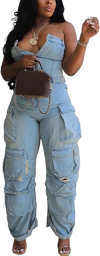 LKOUS Casual Cargo Denim Jumpsuit for Women, Elastic Stretch Multi Pockets Button Down Straight L... | Amazon (US)