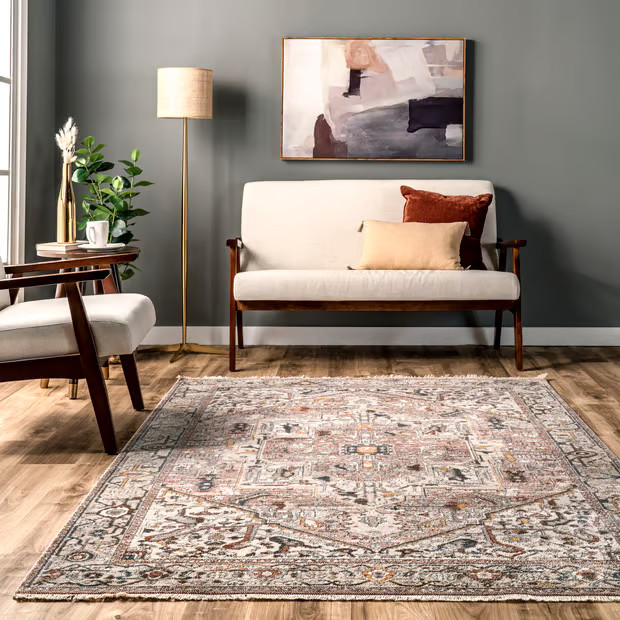 Light Brown Fringed Medallion Area Rug | Rugs USA