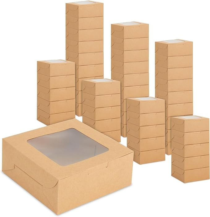 50 Pack 6x6 Dessert Boxes with Window, Bulk Bakery Containers for Cookies, Cupcakes (Kraft Paper) | Amazon (US)