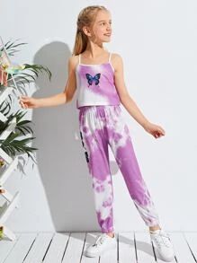 Girls Tie Dye Butterfly Print Cami Top & Sweatpants | SHEIN