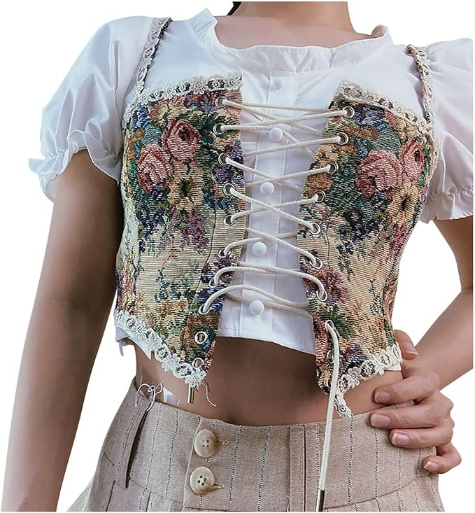 Amazon.com: Vintage Floral Corset for Women Y2K Cute Camisole Vest Eyelet Bustier Top Sexy Going ... | Amazon (US)