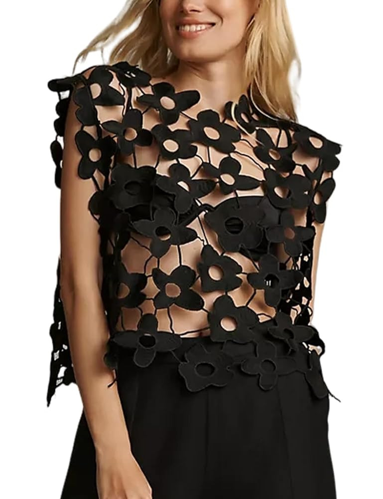 Yimoon Women's Hollow Out Floral Lace Vest Sleeveless Crewneck Cover Up Summer Going Out Tops | Amazon (US)