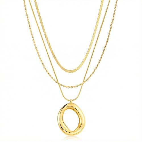 ISELBDR Layered Gold Necklaces for Women,18K Real Gold Plated Trendy Circle Pendant Necklace, Stackable Stack Chain Necklace Jewelry Set Gifts for Birthday Valentine's, Mother's Day & Christmas (Gold-B) | Amazon (US)