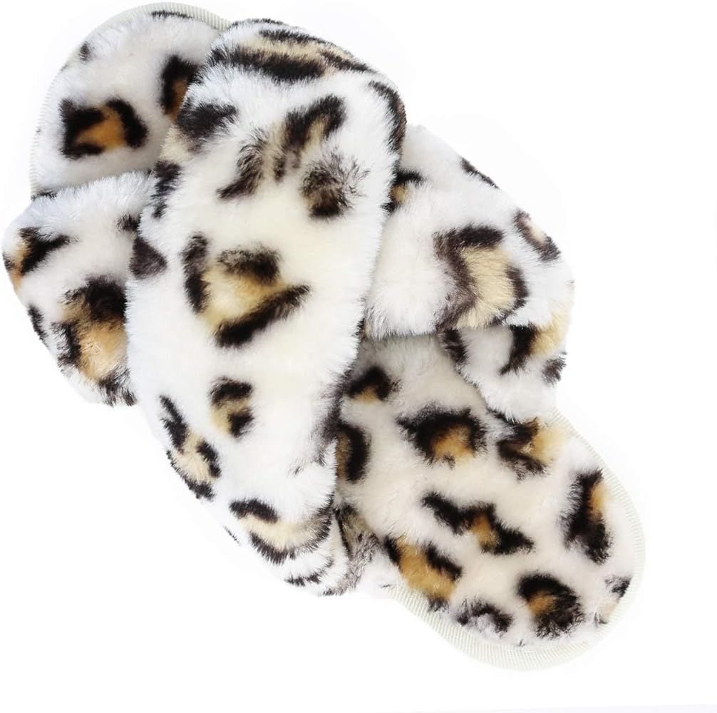 Womens House Fuzzy Slippers Leopard Cross Band Soft Plush Fluffy Slippers Furry Fleece Slip on Slipp | Amazon (US)