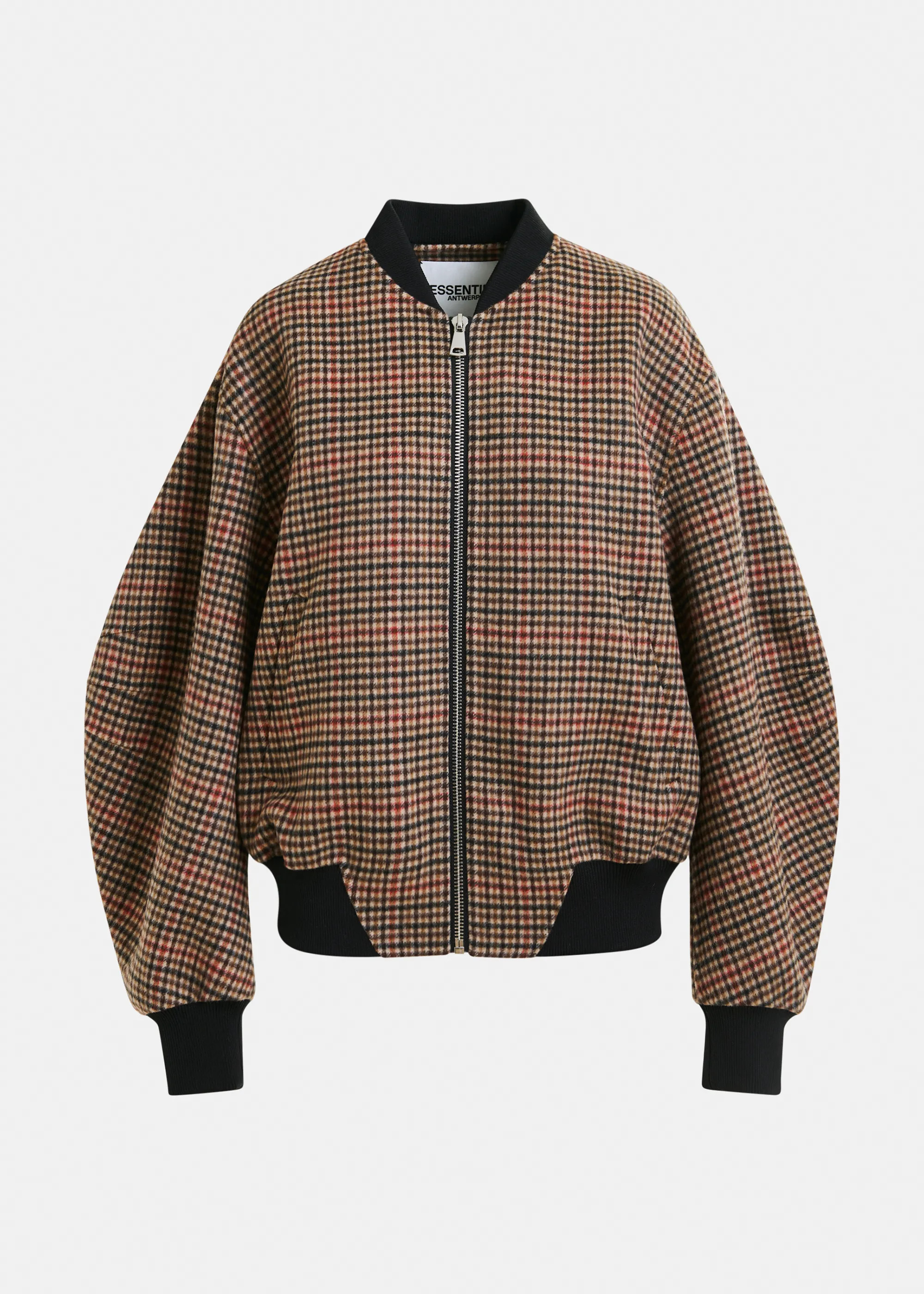 Brown, red and black checked wool bomber jacket | Essentiel Antwerp United States | Essentiel Antwerp