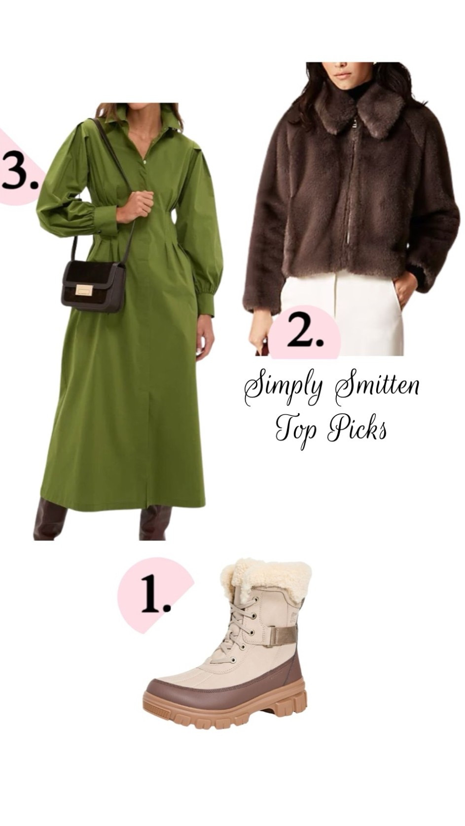 Black friday sales. Holiday outfit. Gifts for her. This green Shirtdress is great to wear on Christmas Day. This chic brown faux fur coat will keep you warm and stylish - same as this waterproof, shearling snow boots 

#LTKCyberWeek #LTKHoliday #LTKSaleAlert